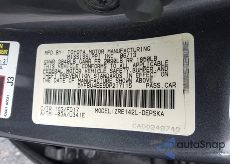 2013 Toyota Corolla S/Le из США, поврежденный, VIN 5YFBU4EE9DP217115